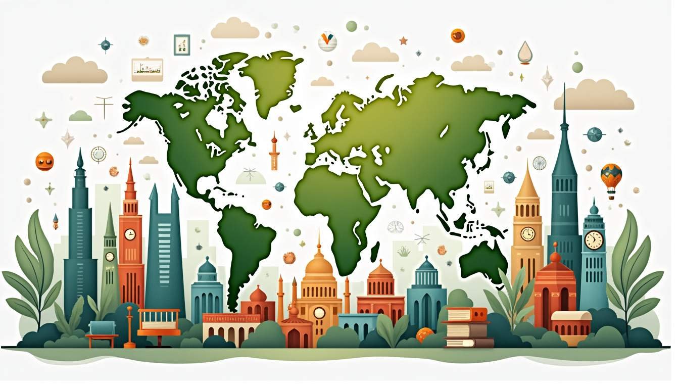 An imaginative global classroom setting featuring diverse educational tools