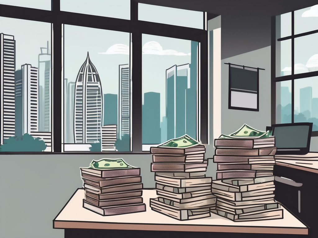 A classroom setting in singapore with a teacher's desk covered with textbooks and teaching materials