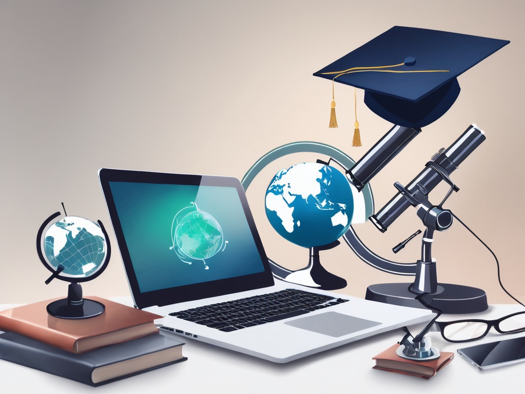 A globe surrounded by various educational tools like books