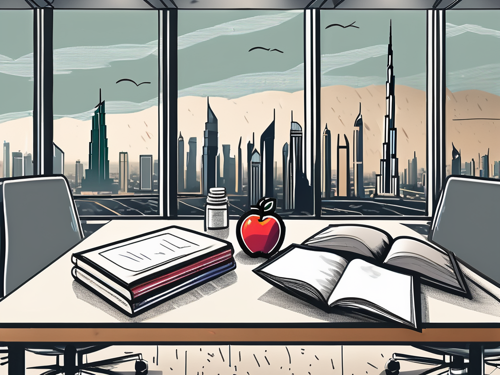 A classroom setting in dubai with scattered teaching materials like textbooks