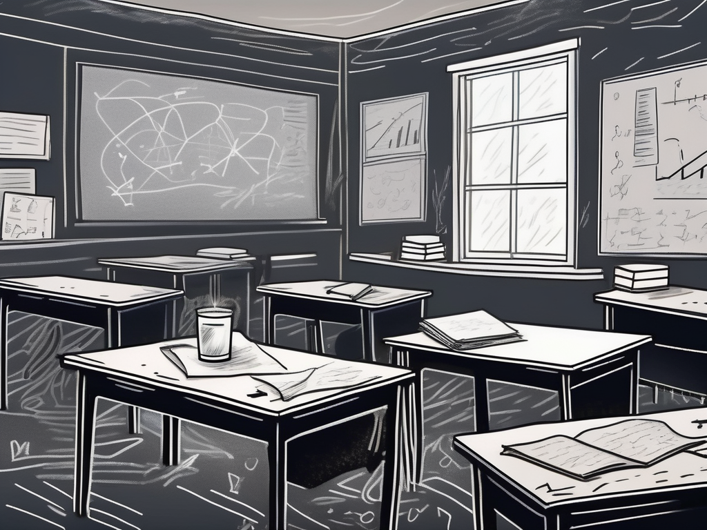 A dimly lit classroom with scattered papers