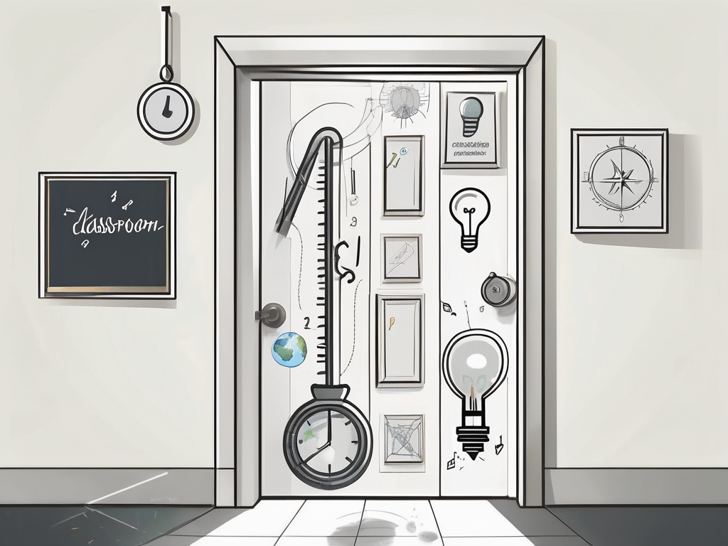 A classroom door slightly ajar with a key in the keyhole