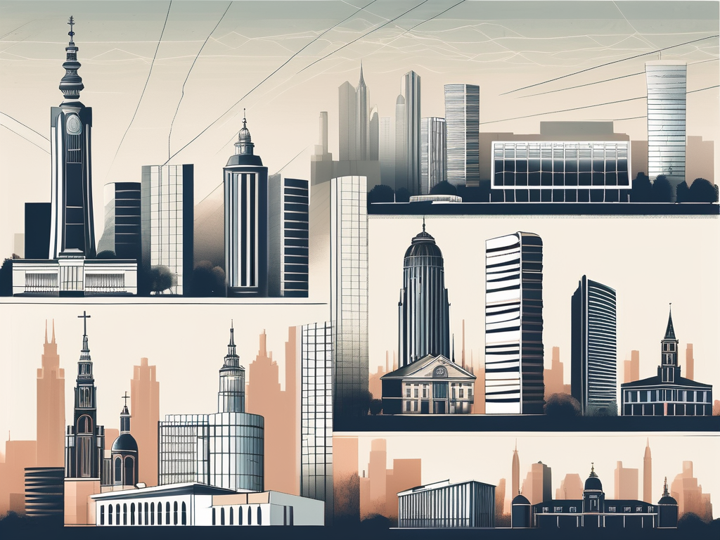 Seven distinct school buildings representing different architectural styles from around the world