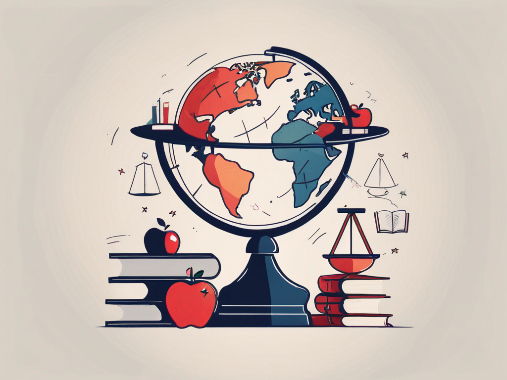 A globe with various school-related symbols (like books