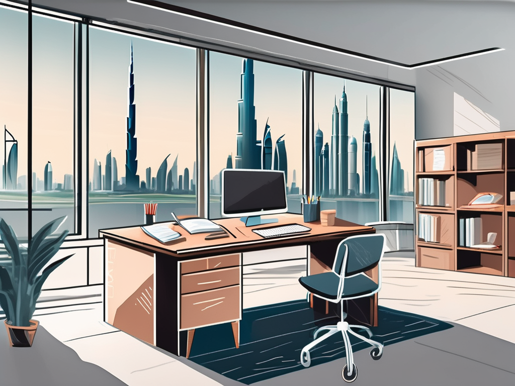A classroom interior with a view of the dubai skyline in the background
