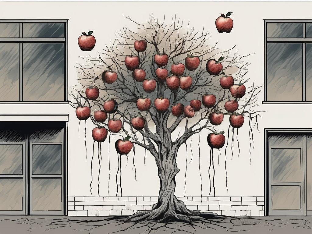 A withered apple tree with only three apples remaining