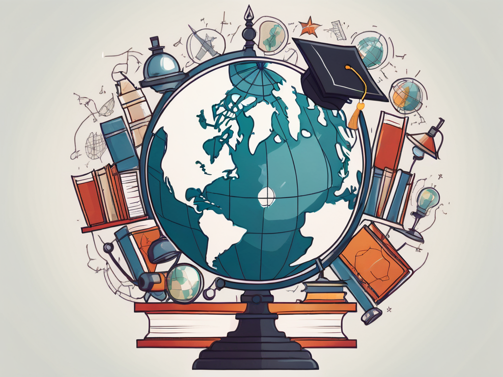 A globe surrounded by various educational symbols like books