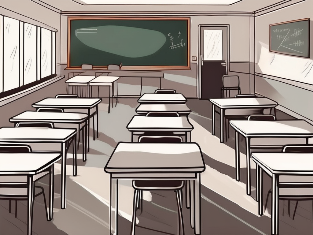A classroom setting with empty chairs