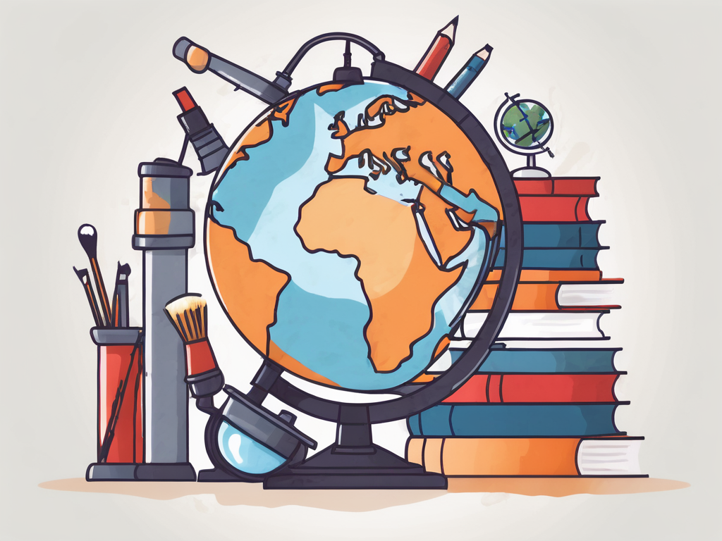 A globe surrounded by various educational tools like books