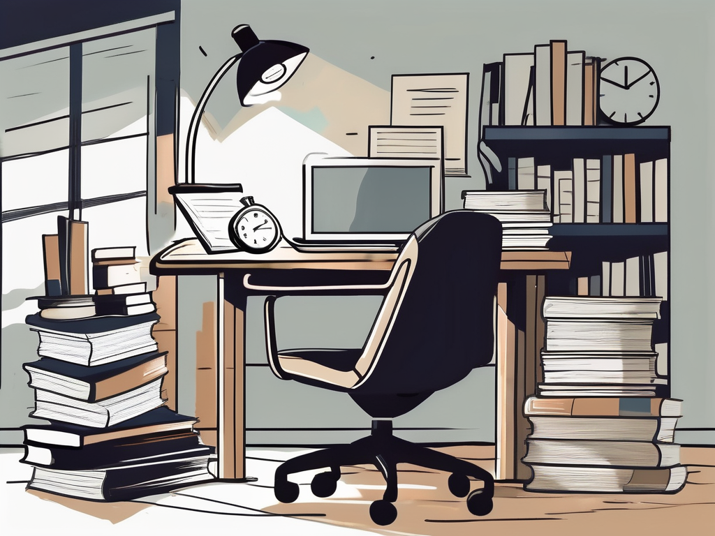 An overflowing desk with books