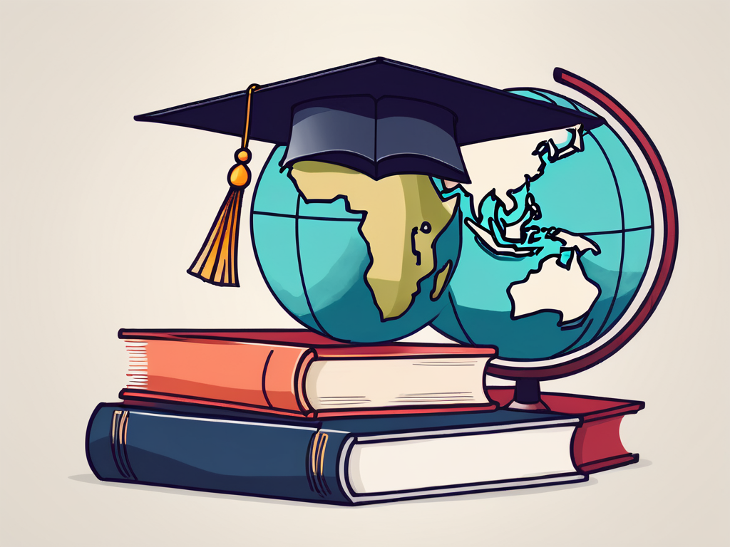 A stack of educational books next to a globe