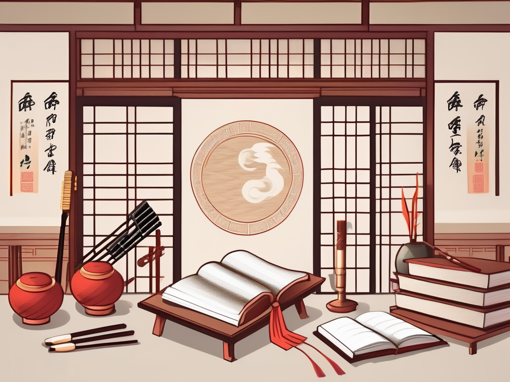 A traditional chinese classroom setting with arts and humanities elements like a paintbrush