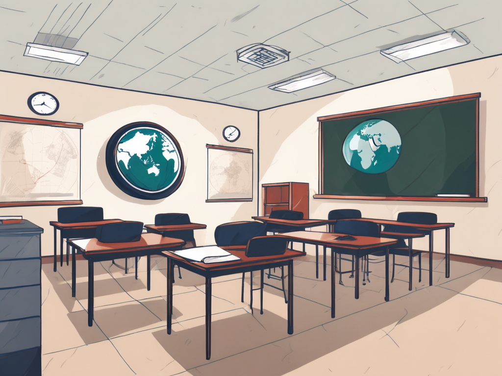 A classroom setting in china with a clock on the wall indicating long hours