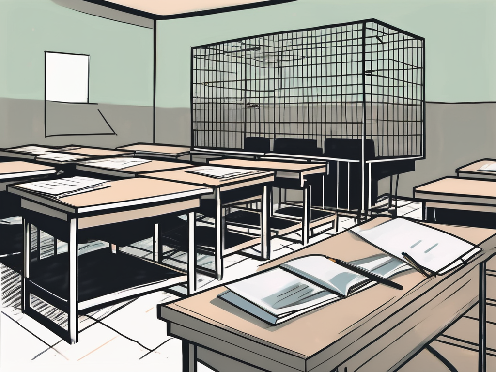 A classroom setting with desks arranged in a row