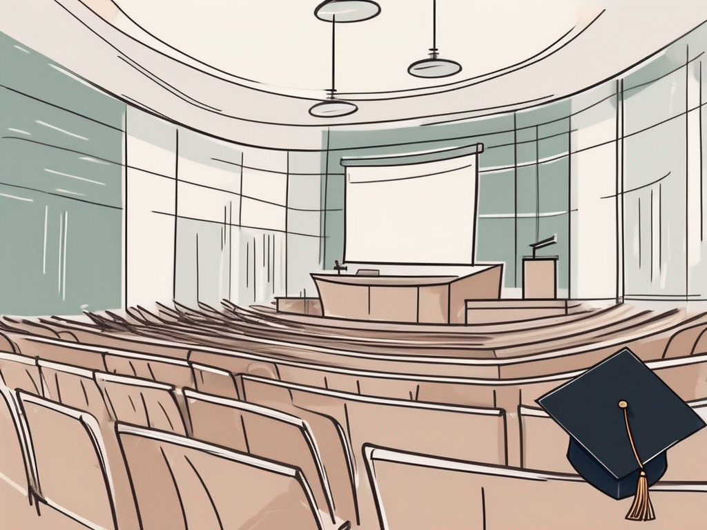 A university lecture hall with a graduation cap and a diploma on the podium