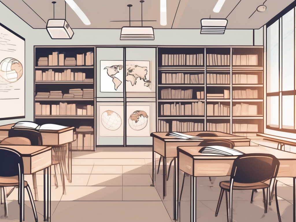 A classroom setting in singapore with various educational resources like books and globes