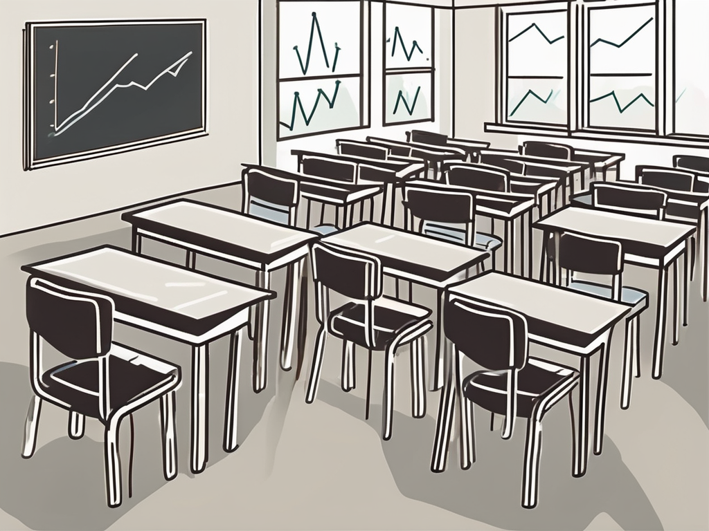 A classroom with empty desks and chairs