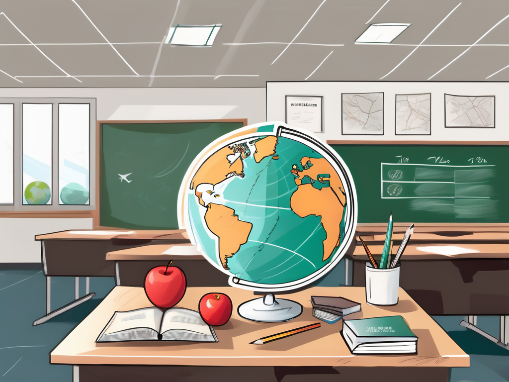 A teacher's desk with a globe focused on vietnam