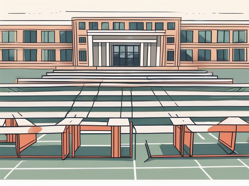 A school building behind a series of hurdles
