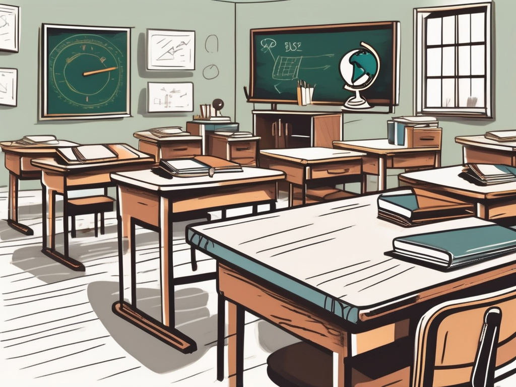 A diverse assortment of empty classroom desks arranged in an orderly fashion