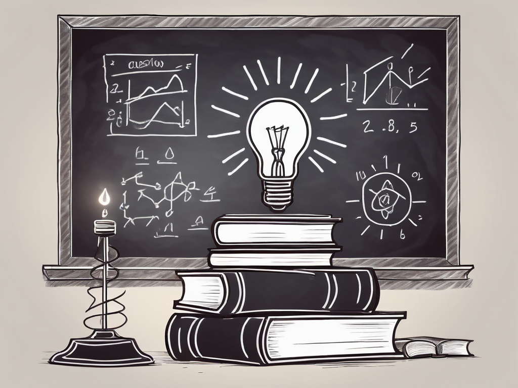 A classroom setting with a chalkboard displaying complex equations