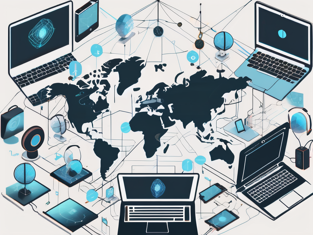 A global map interconnected with various technological devices like laptops