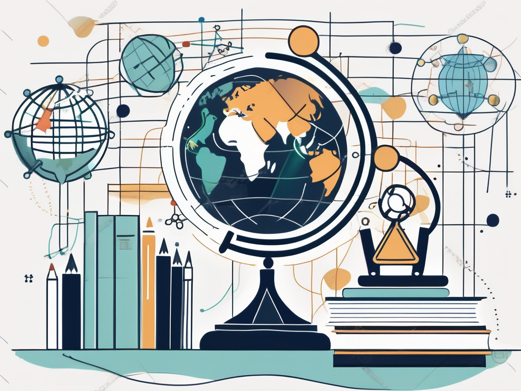 A globe with different educational symbols like a graduation cap