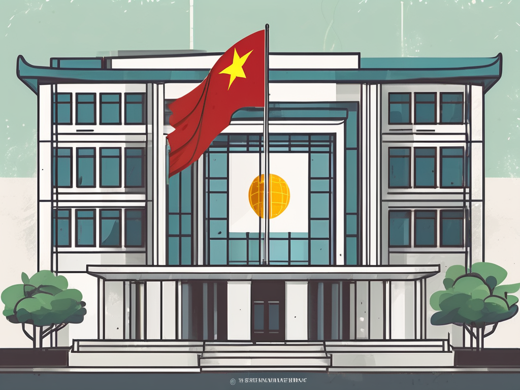 A school building with a vietnamese flag on top