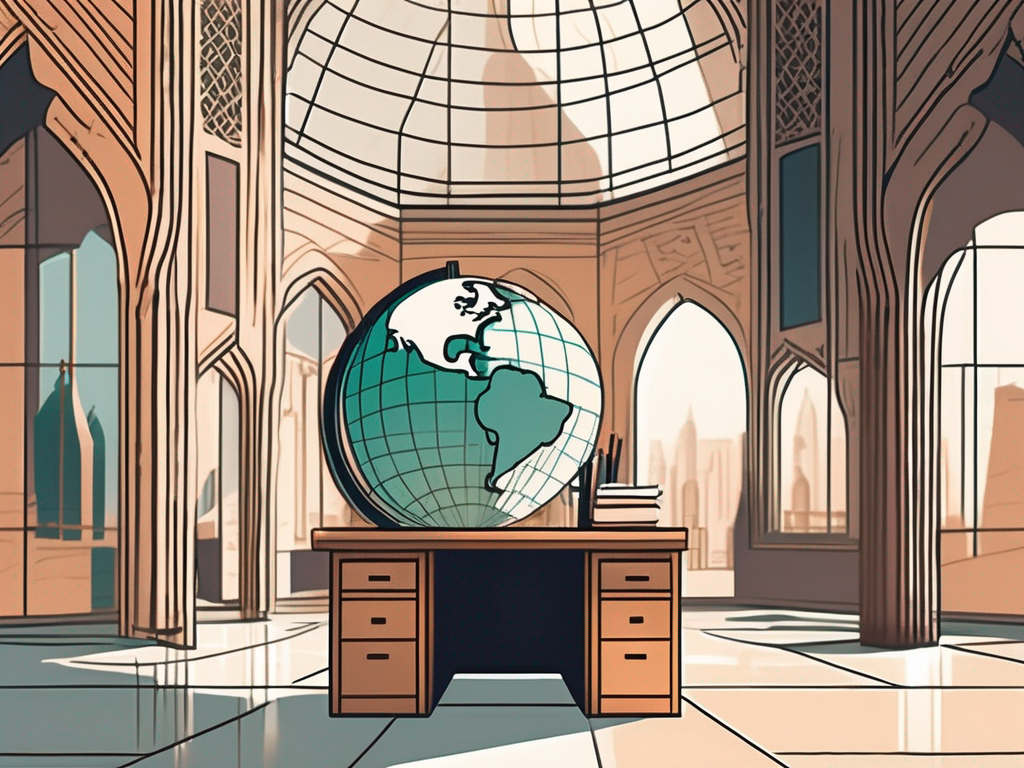 A classroom setting with a teacher's desk