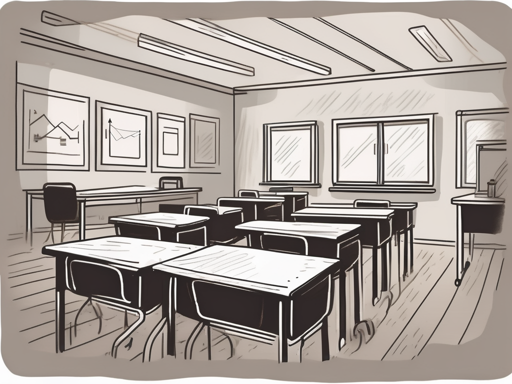 A classroom setting with empty desks