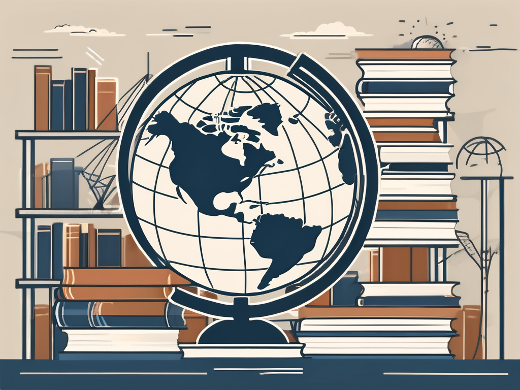 A globe with various international school buildings and a stack of books