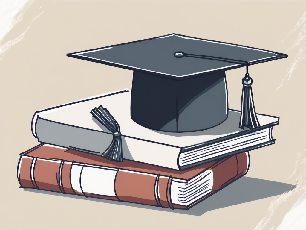 A graduation cap and diploma next to a stack of books