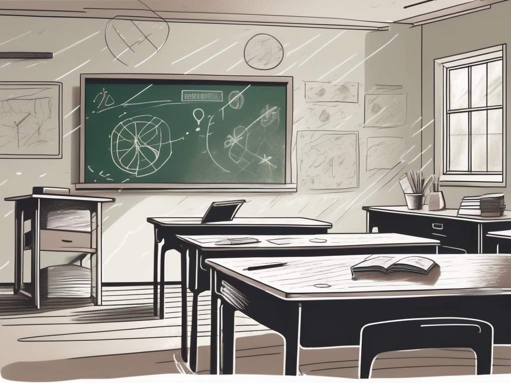 A classroom setting with a teacher's desk in the foreground