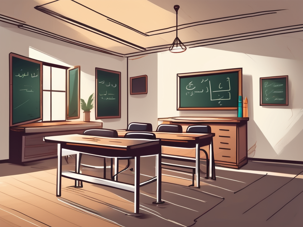 A traditional saudi arabian classroom with an empty teacher's desk