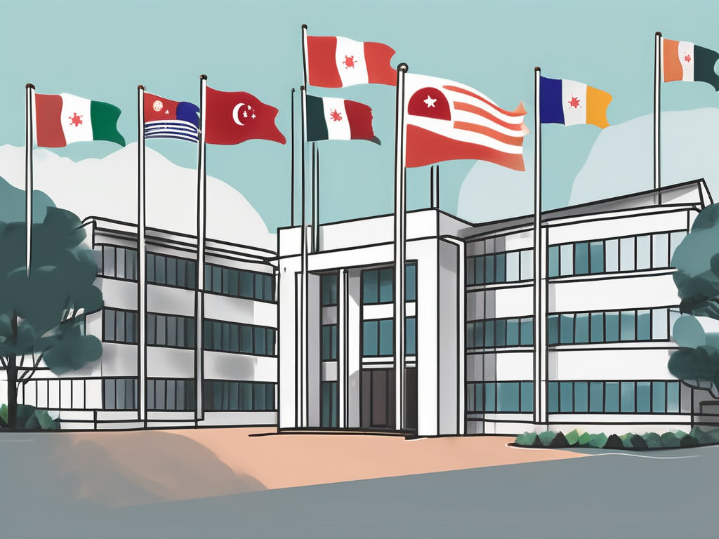 A school building in singapore with a diverse array of flags fluttering around it