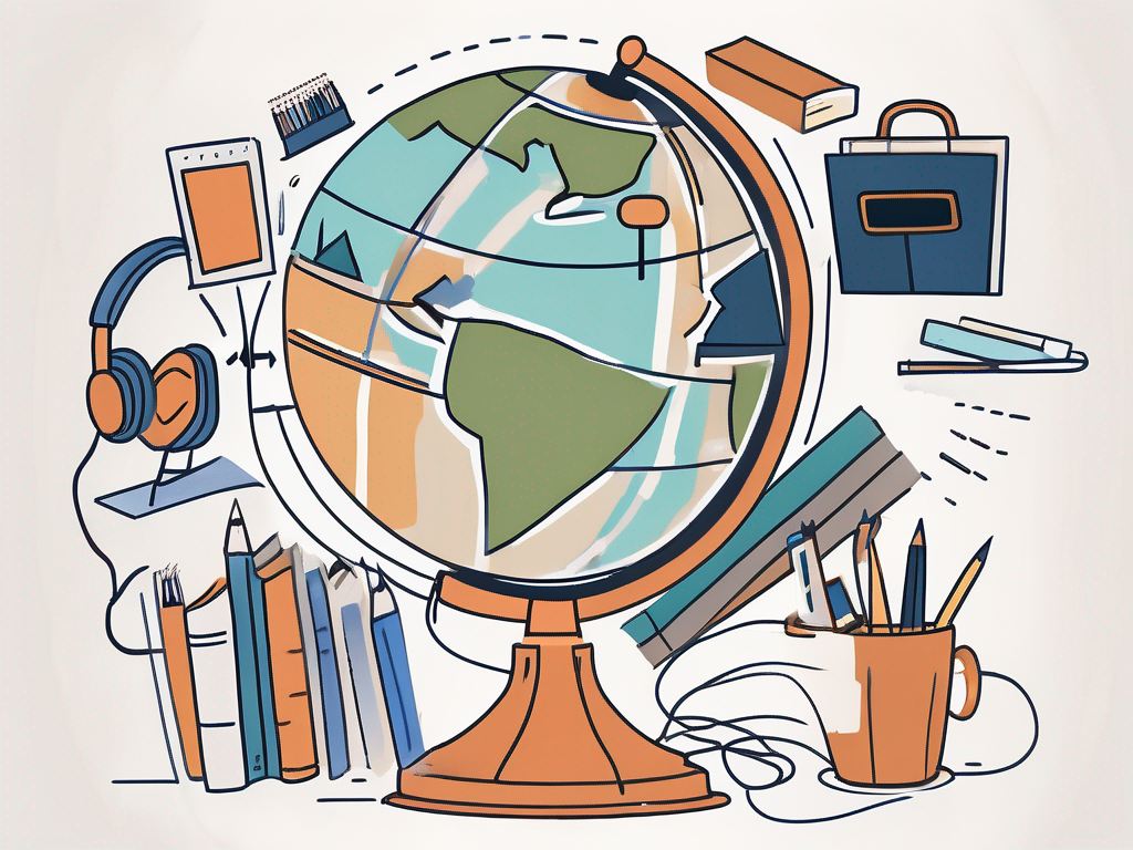 A globe surrounded by various educational tools such as books