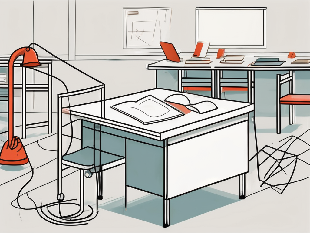 A classroom desk surrounded by symbols of support such as a lifebuoy