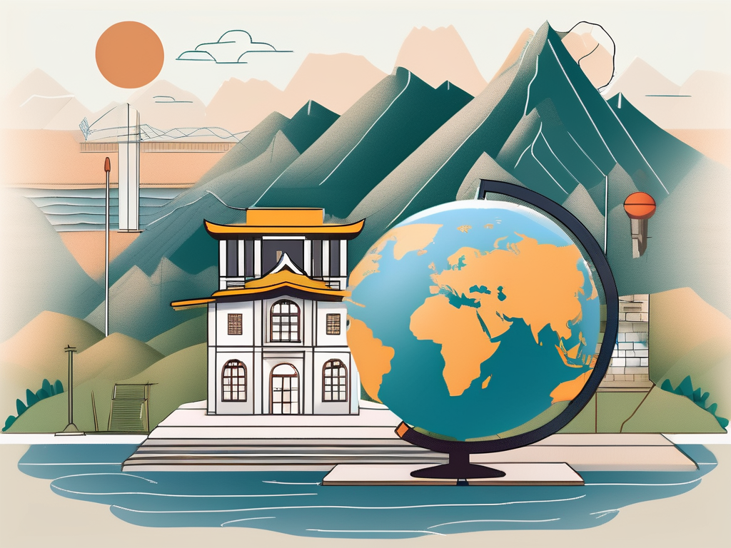 A schoolhouse with a globe and various educational tools