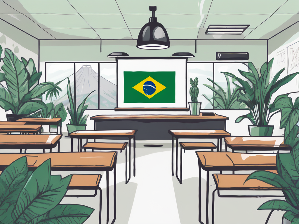 A classroom setting with international flags