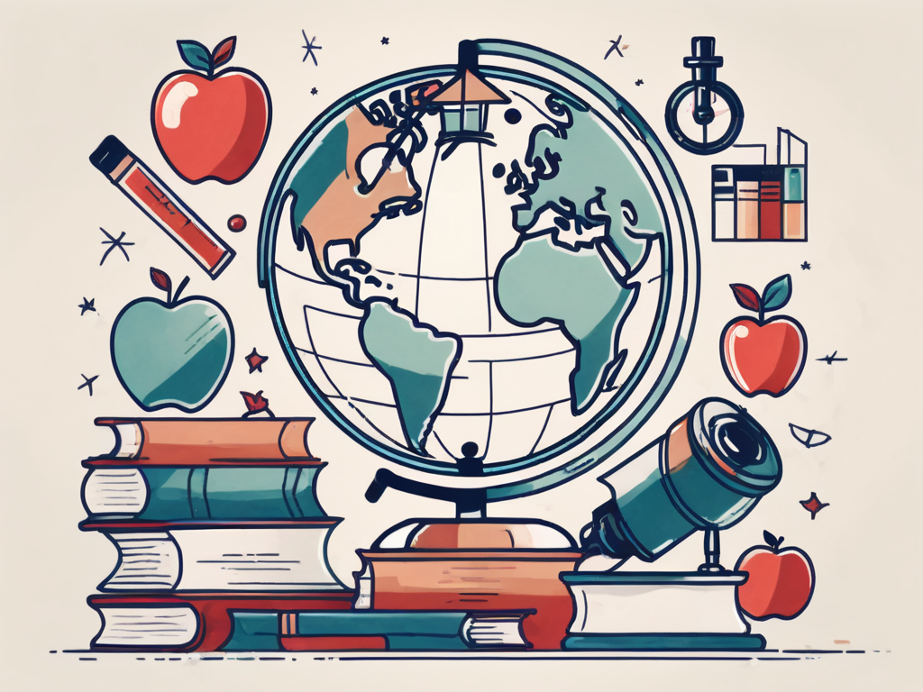 A globe with various iconic educational symbols like graduation cap