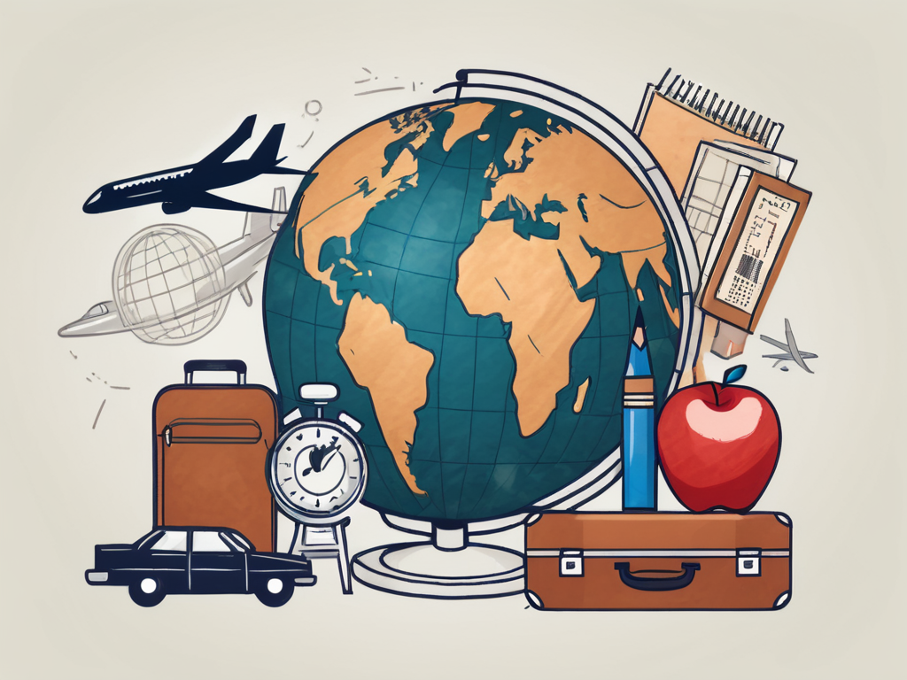 A globe with various school-related items such as a ruler