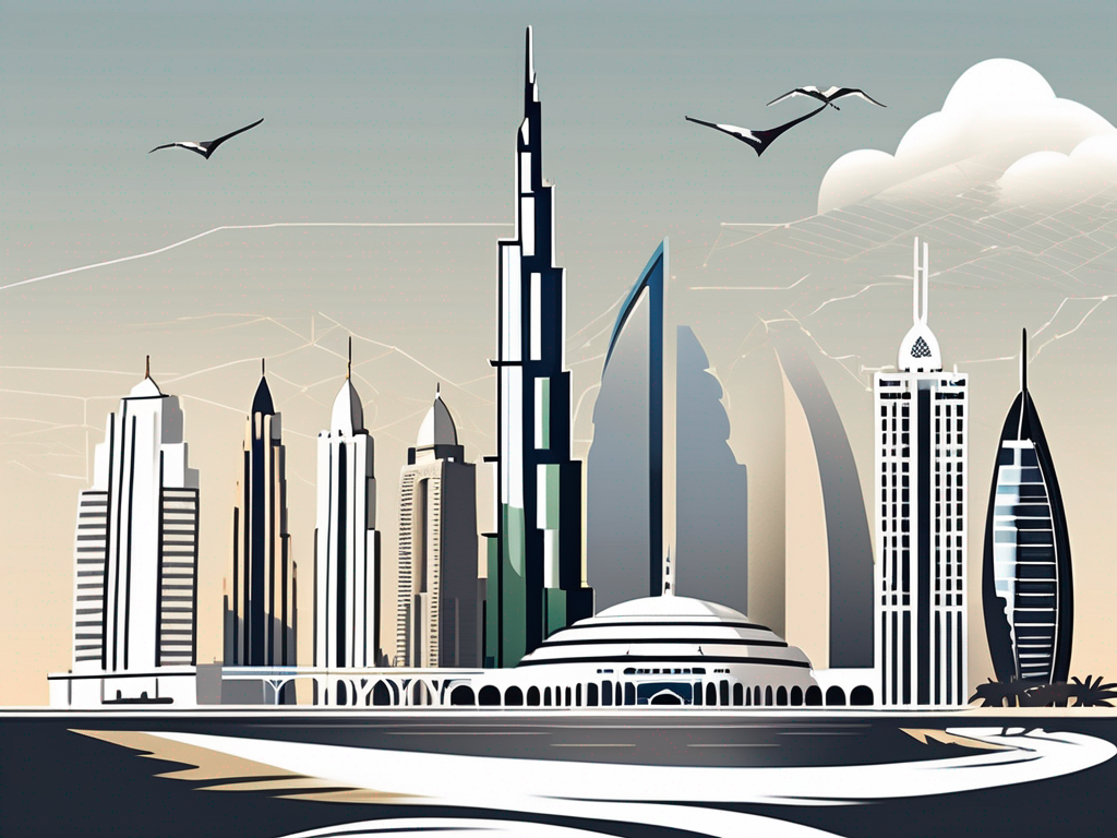 A landscape featuring prominent uae landmarks like the burj khalifa and the palm jumeirah