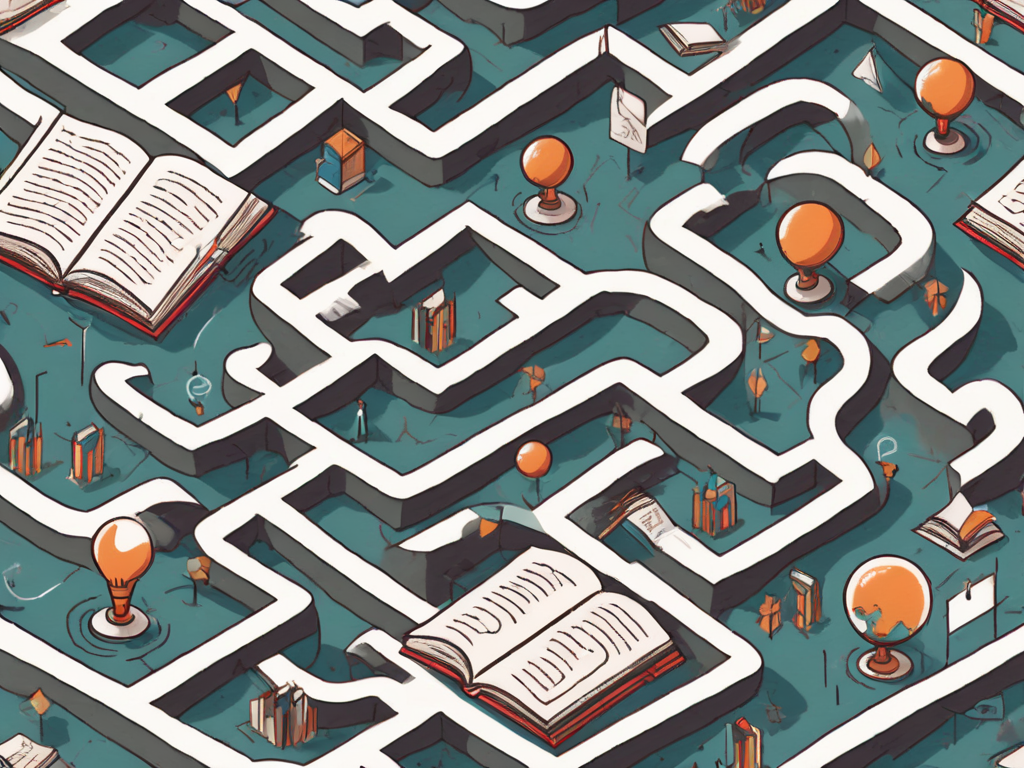 A complex maze with various educational symbols like books