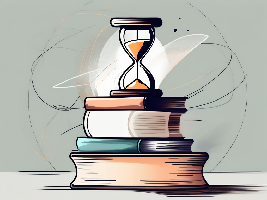 A stack of books and teaching materials on one side and an hourglass on the other side