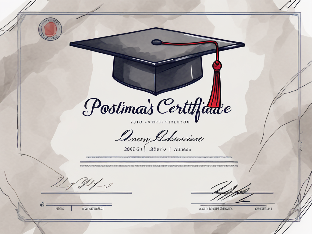 A graduation cap sitting on top of a postmaster's certificate