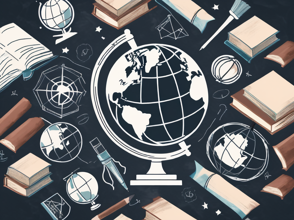 A globe surrounded by various educational tools such as books