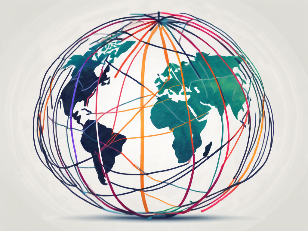 A globe with seven different colored lines connecting various points