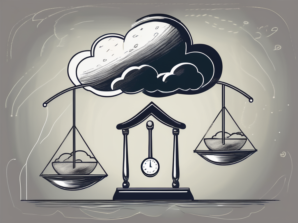 A chalkboard with a balance scale drawn on it