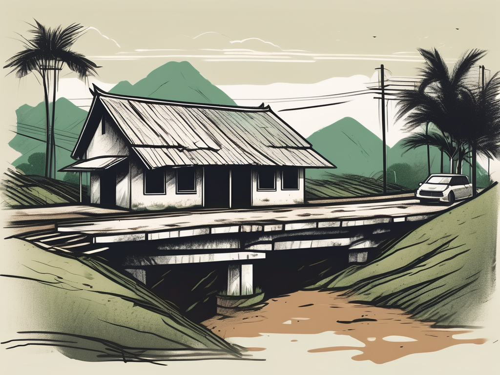A rural vietnamese landscape with a dilapidated school building