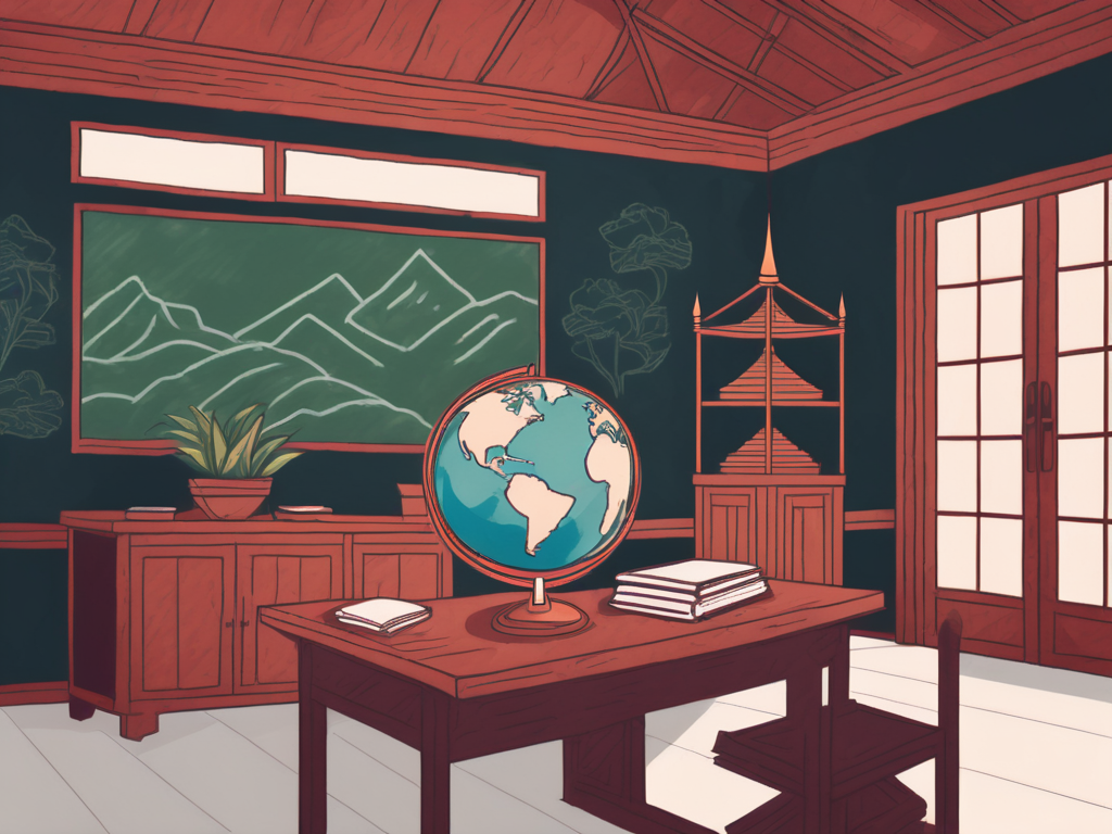 A classroom setting with a teacher's desk